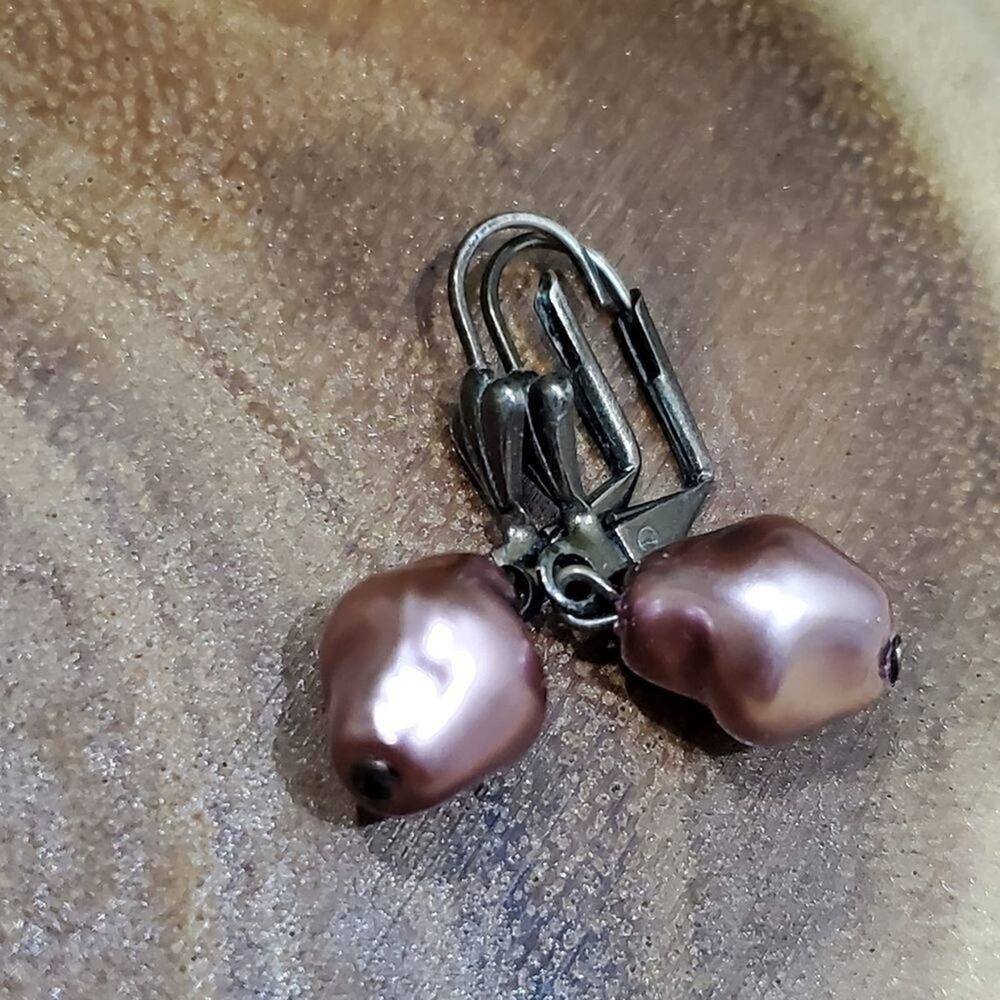 Dusty Rose Baroque Pearl Drop Earrings Gunmetal Leverback Artisan Dangle